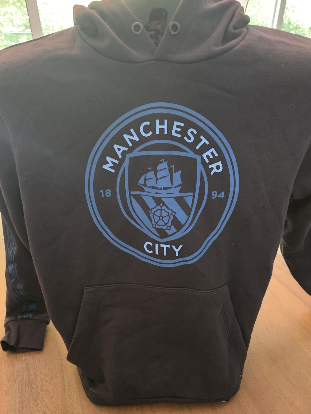 Men's Manchester City Black Hoodie with Sky Blue Crest - Large